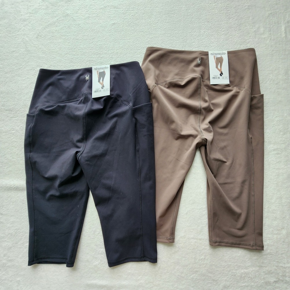 NEW Spyder Active Sport Capris Womens XL Black Tan 2 Pack High Rise Pockets Gym